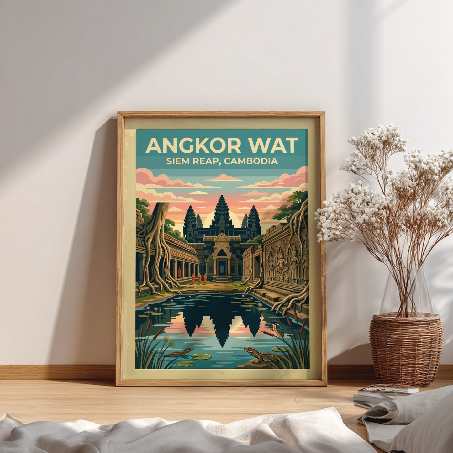 Travel poster of Angkor Wat in Siem Reap with temple reflections and wildlife.