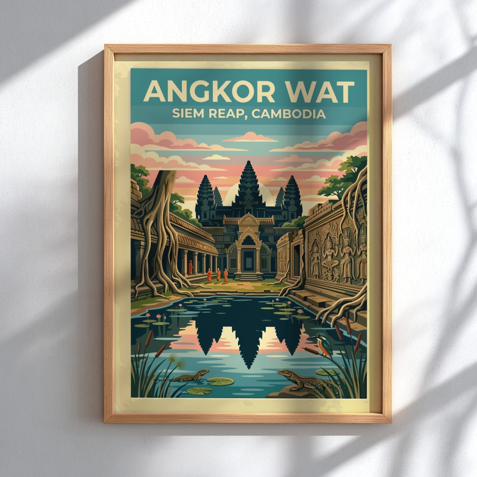 Travel poster of Angkor Wat in Siem Reap with temple reflections and wildlife.