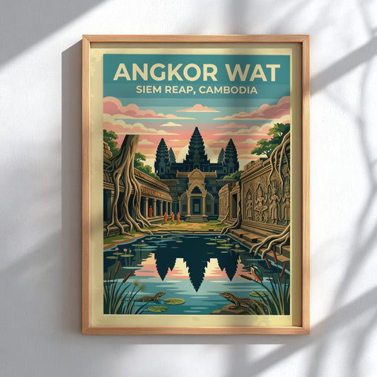 Travel poster of Angkor Wat in Siem Reap with temple reflections and wildlife.