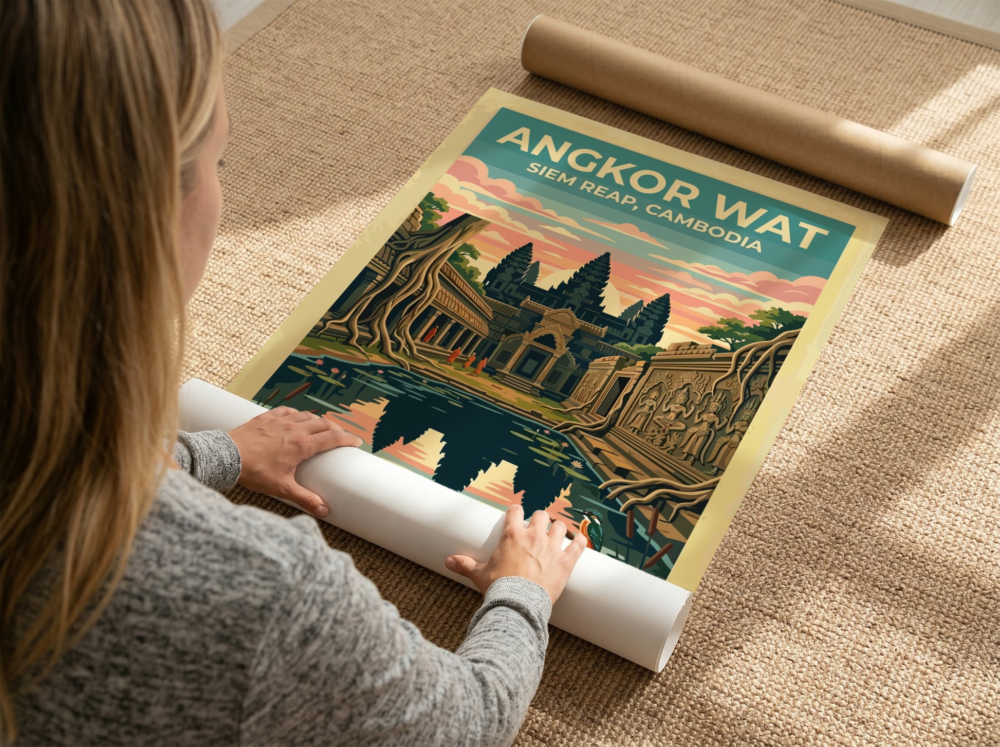 Travel poster of Angkor Wat in Siem Reap with temple reflections and wildlife.