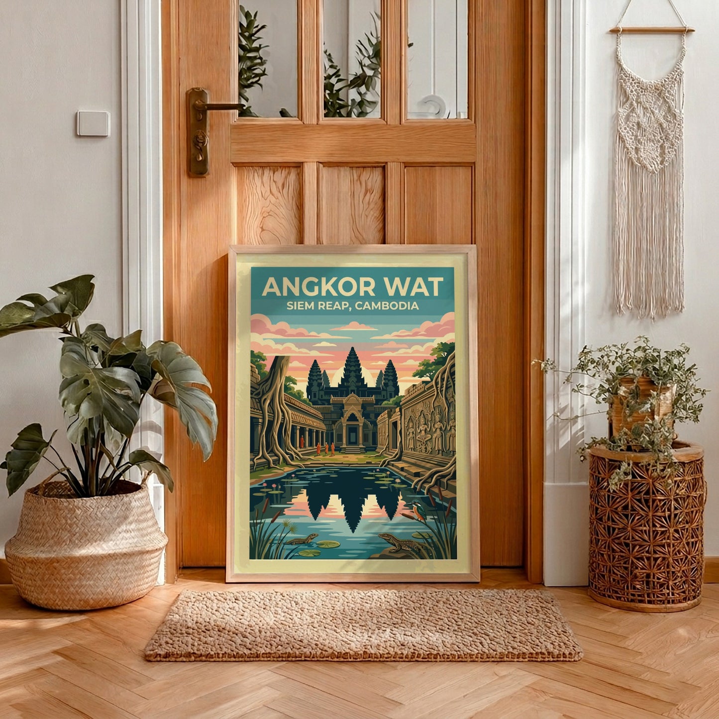Travel poster of Angkor Wat in Siem Reap with temple reflections and wildlife.