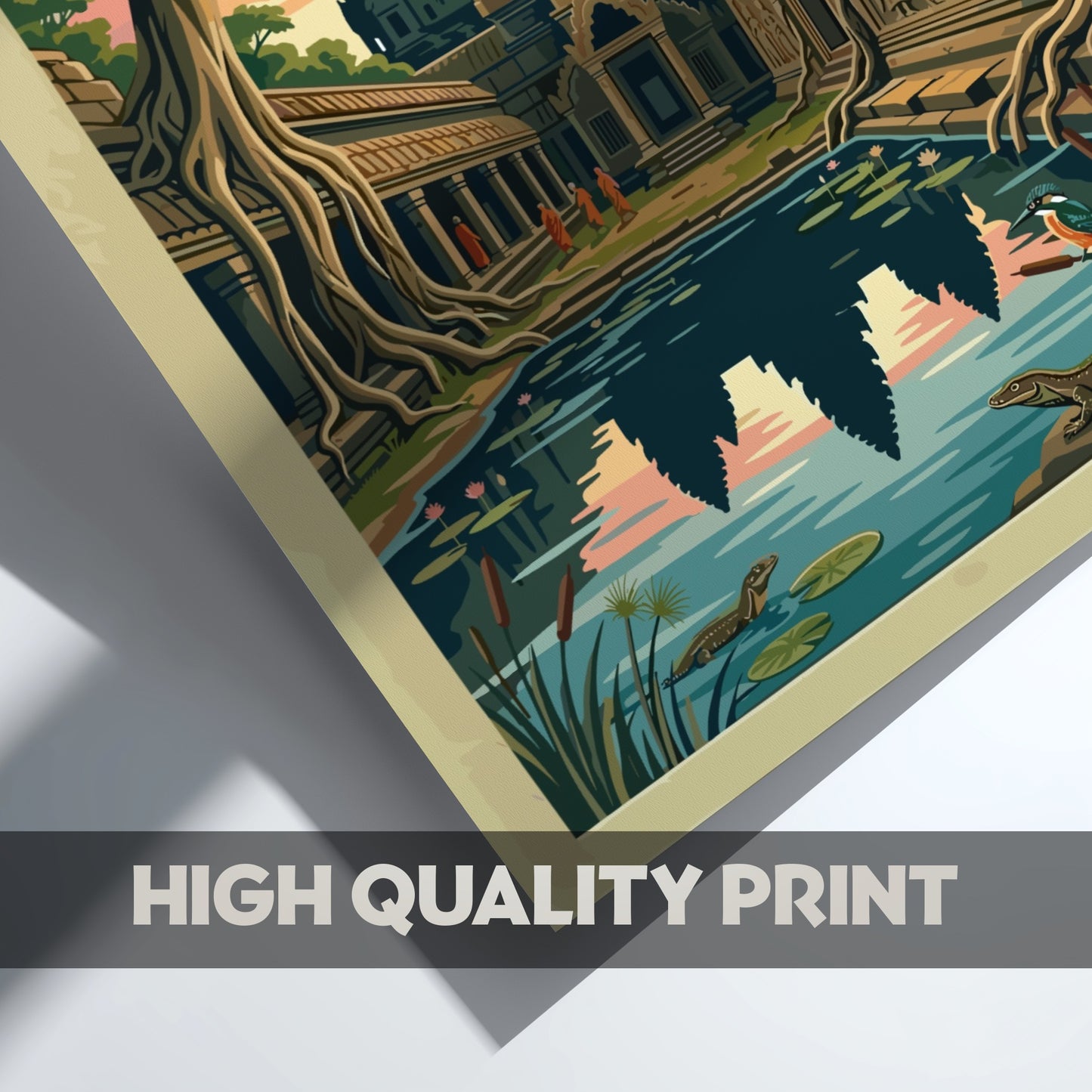Travel poster of Angkor Wat in Siem Reap with temple reflections and wildlife.