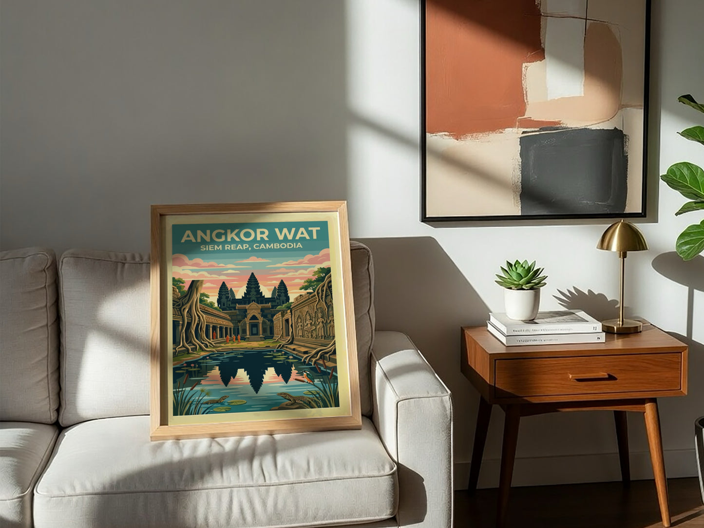 Travel poster of Angkor Wat in Siem Reap with temple reflections and wildlife.