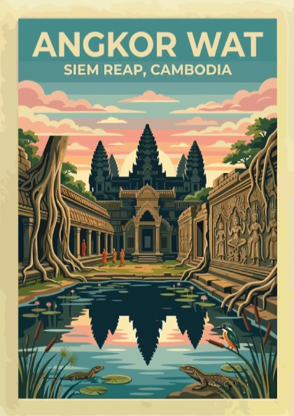 Travel poster of Angkor Wat in Siem Reap with temple reflections and wildlife.