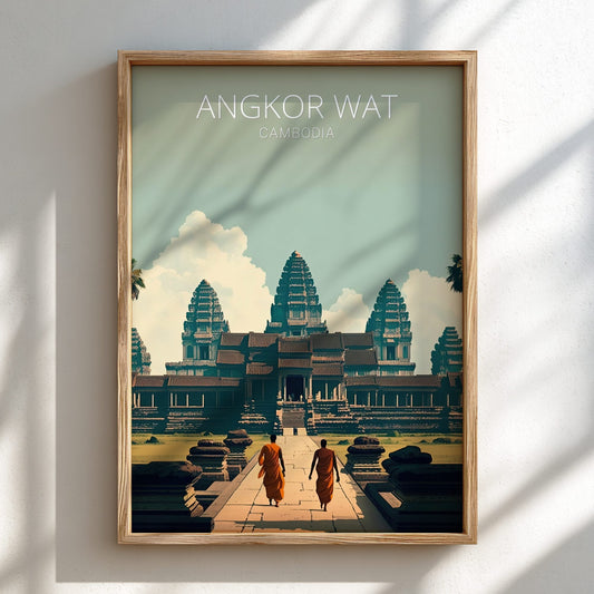 Framed artwork of Angkor Wat with two monks walking towards it.