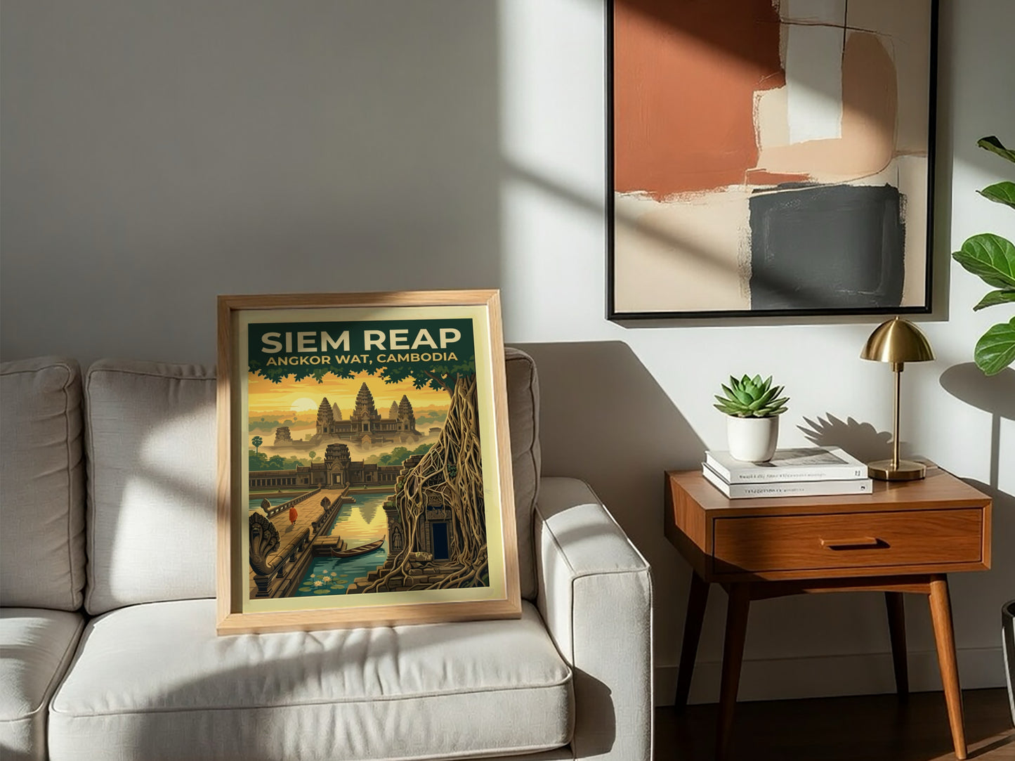Travel poster of Siem Reap Angkor Wat in Cambodia with a monk at sunrise