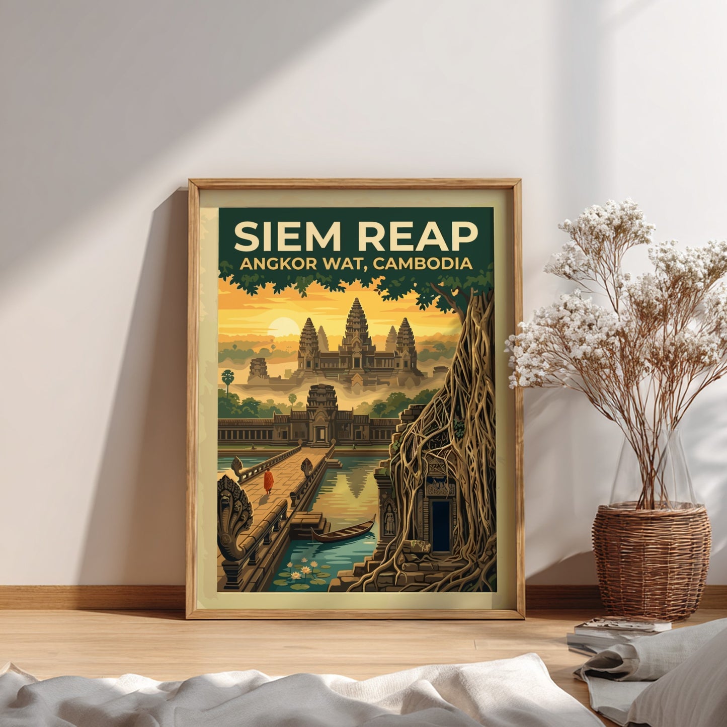 Travel poster of Siem Reap Angkor Wat in Cambodia with a monk at sunrise