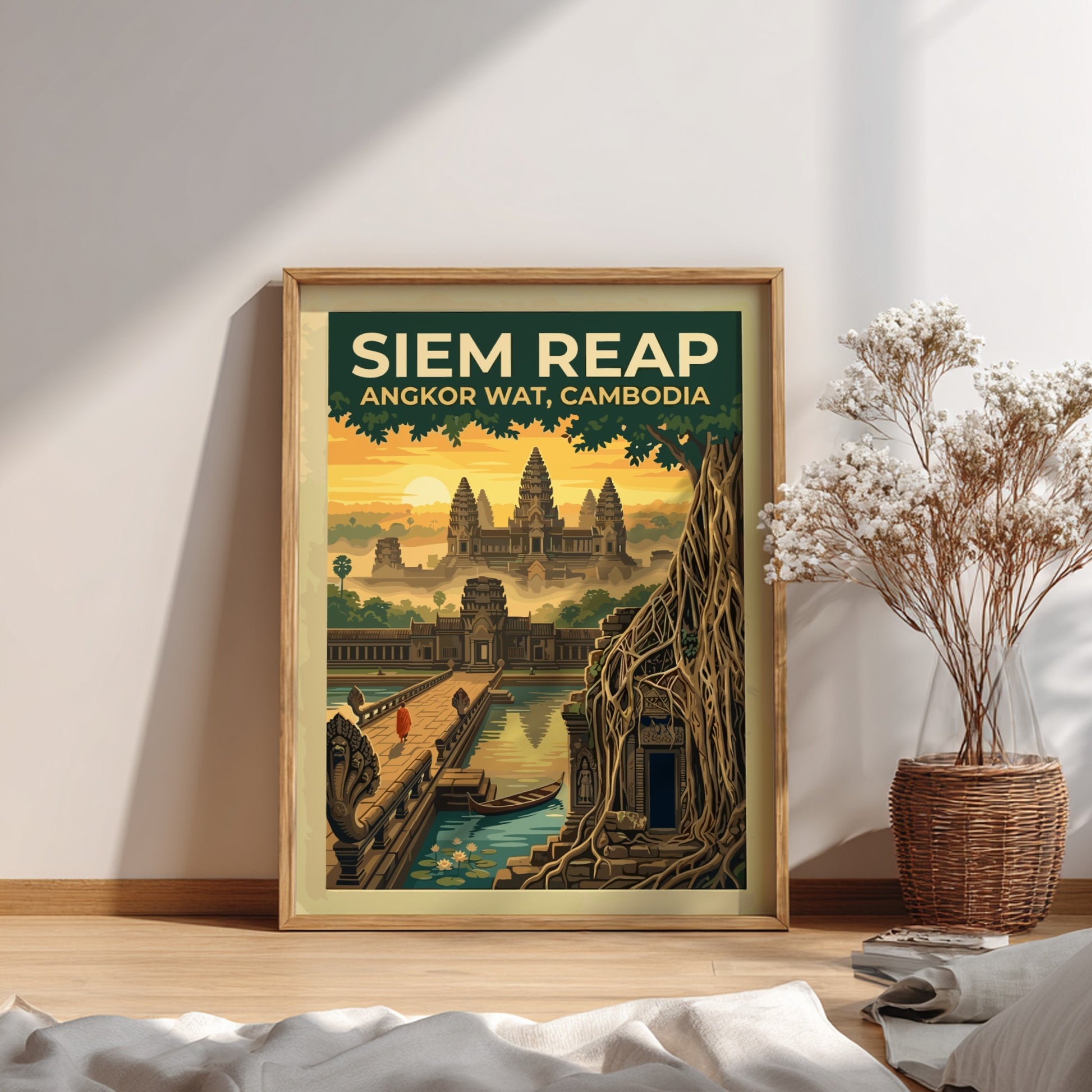 Travel poster of Siem Reap Angkor Wat in Cambodia with a monk at sunrise