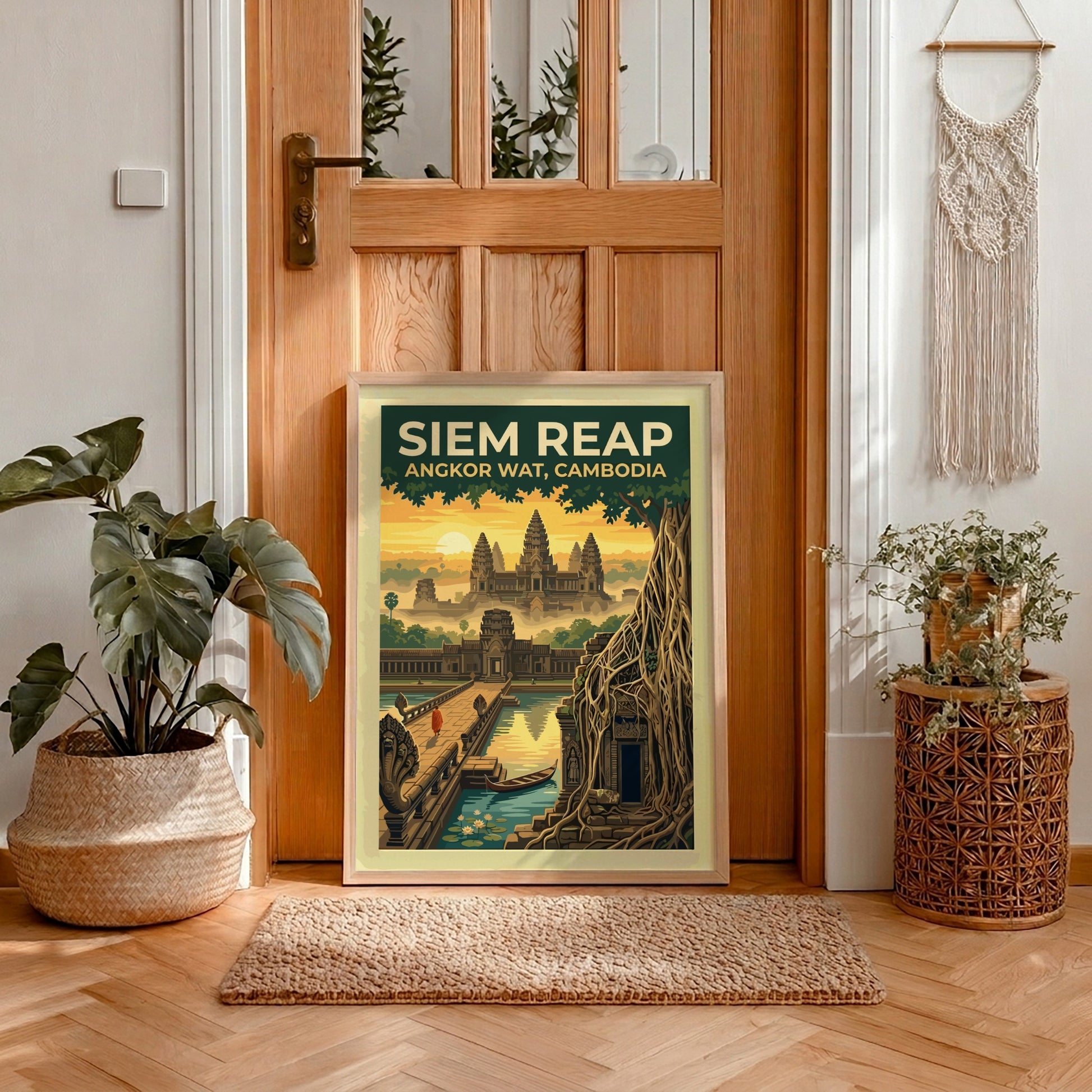 Travel poster of Siem Reap Angkor Wat in Cambodia with a monk at sunrise