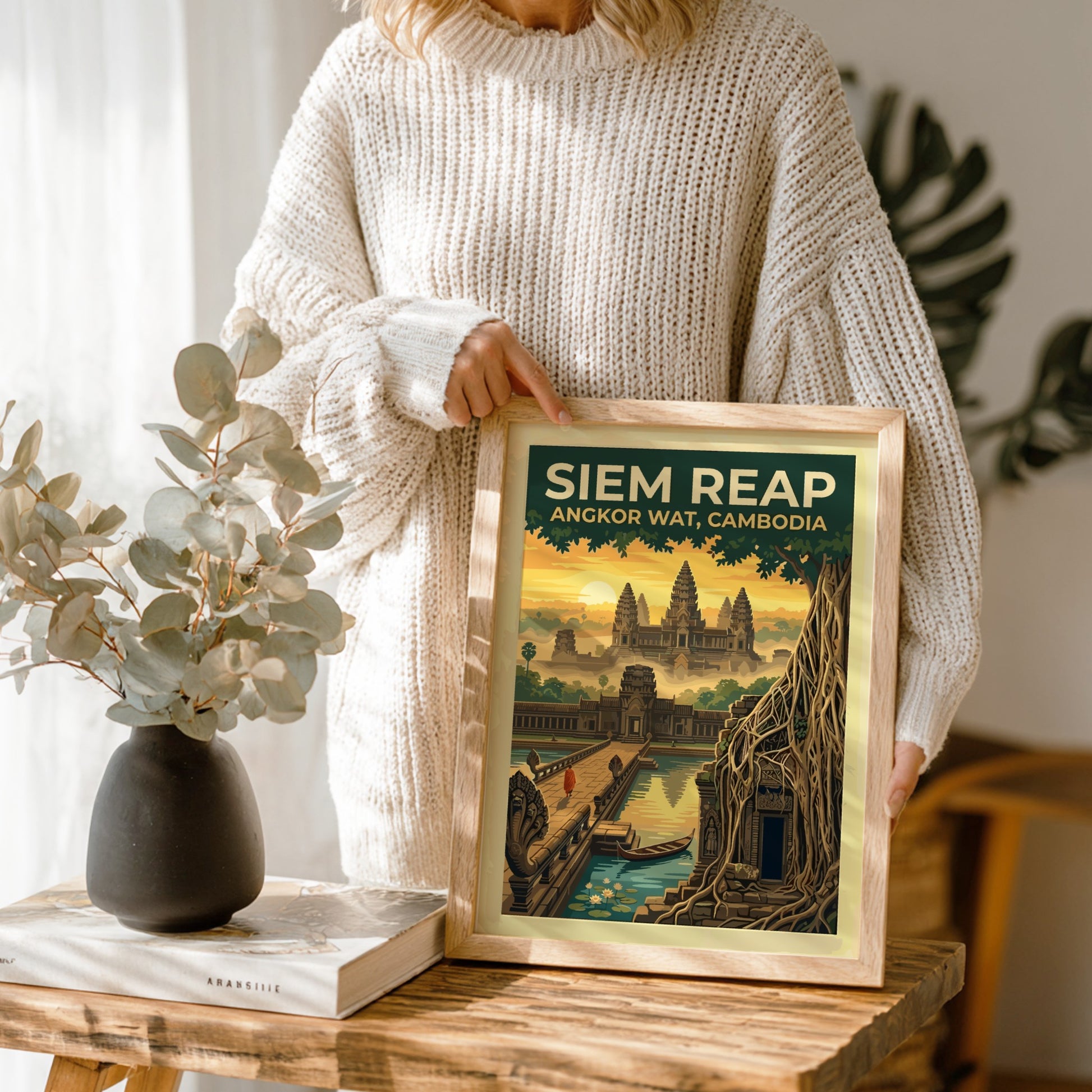 Travel poster of Siem Reap Angkor Wat in Cambodia with a monk at sunrise
