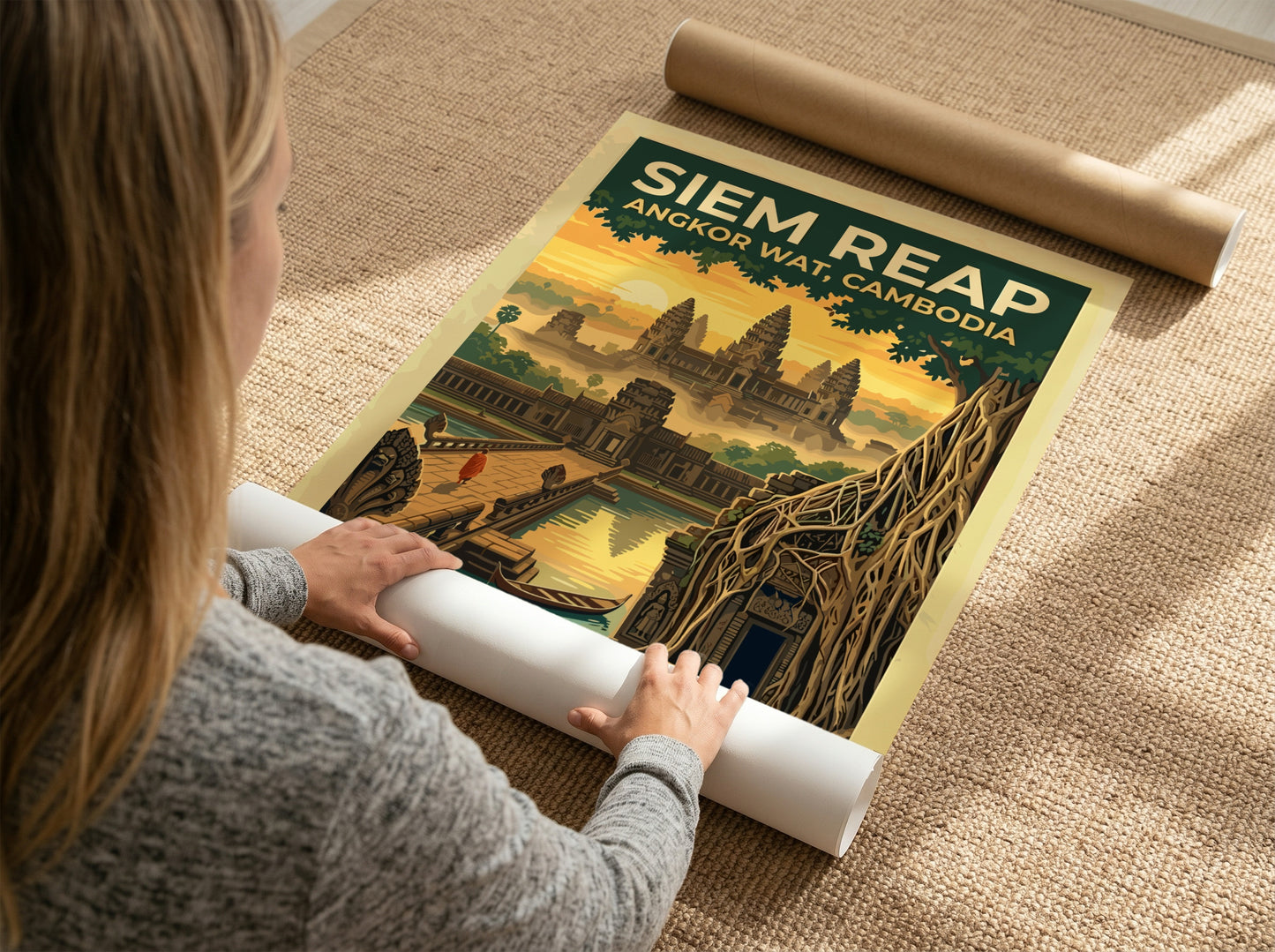 Travel poster of Siem Reap Angkor Wat in Cambodia with a monk at sunrise