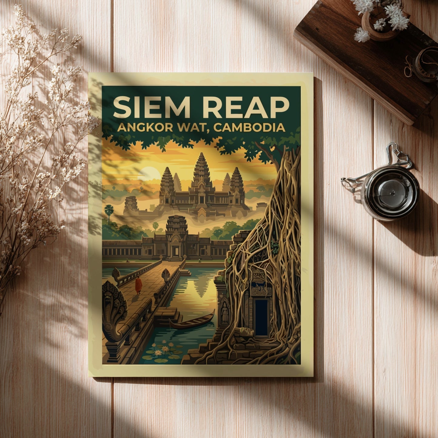 Travel poster of Siem Reap Angkor Wat in Cambodia with a monk at sunrise