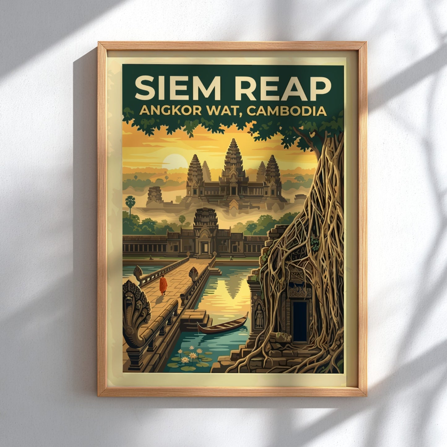 Travel poster of Siem Reap Angkor Wat in Cambodia with a monk at sunrise