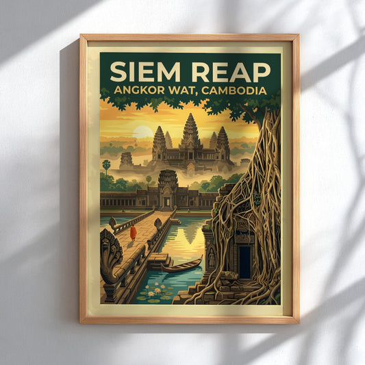Travel poster of Siem Reap Angkor Wat in Cambodia with a monk at sunrise