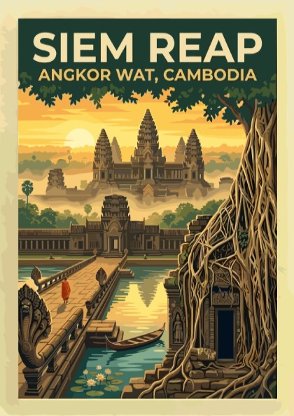 Travel poster of Siem Reap Angkor Wat in Cambodia with a monk at sunrise