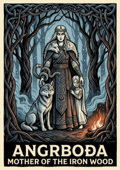 Poster featuring Angrboda with wolf and child in a dark blue Norse forest