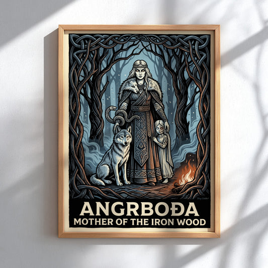 Poster featuring Angrboda with wolf and child in a dark blue Norse forest