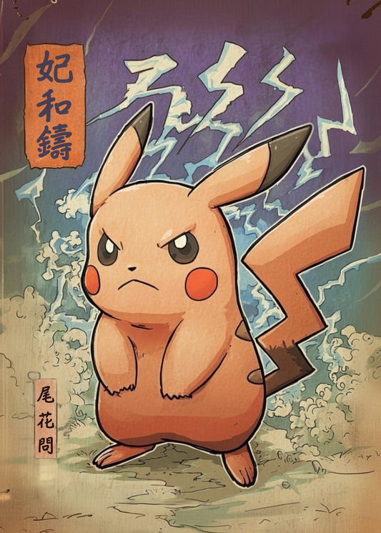 Pikachu with a serious expression on a stylized background