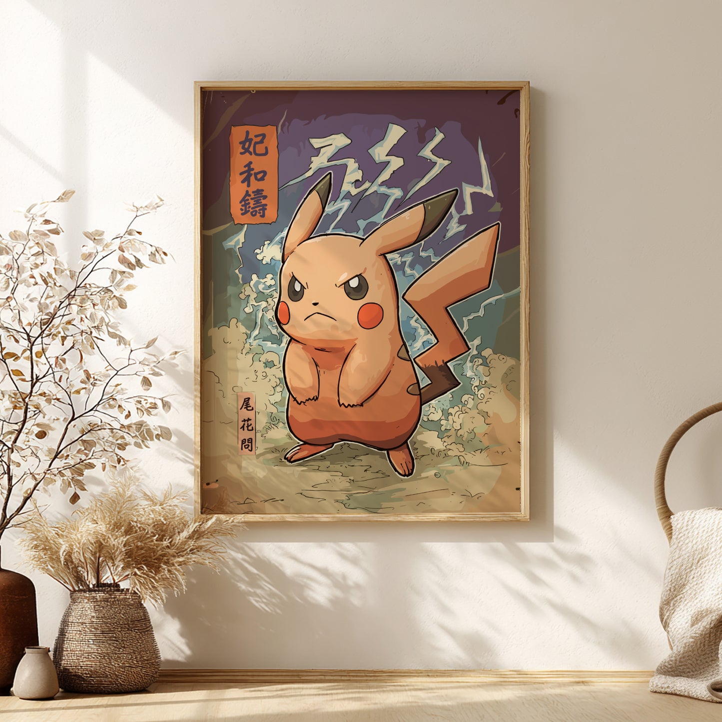 Framed artwork of a stylized Angry Pikachu Pokemon with Japanese text on a wall.