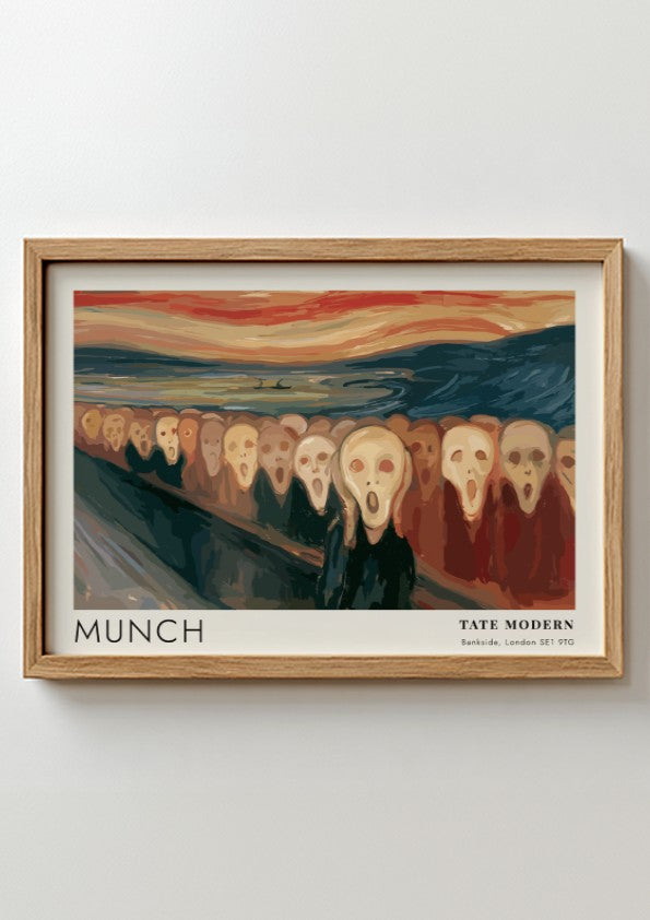 Exhibition poster featuring a crowd of screaming faces in the style of Munch