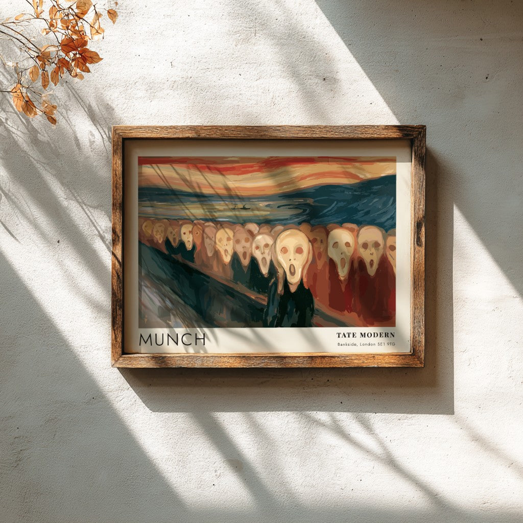 Exhibition poster featuring a crowd of screaming faces in the style of Munch