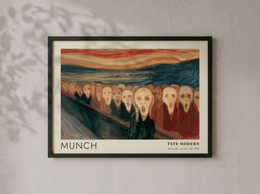 Exhibition poster featuring a crowd of screaming faces in the style of Munch