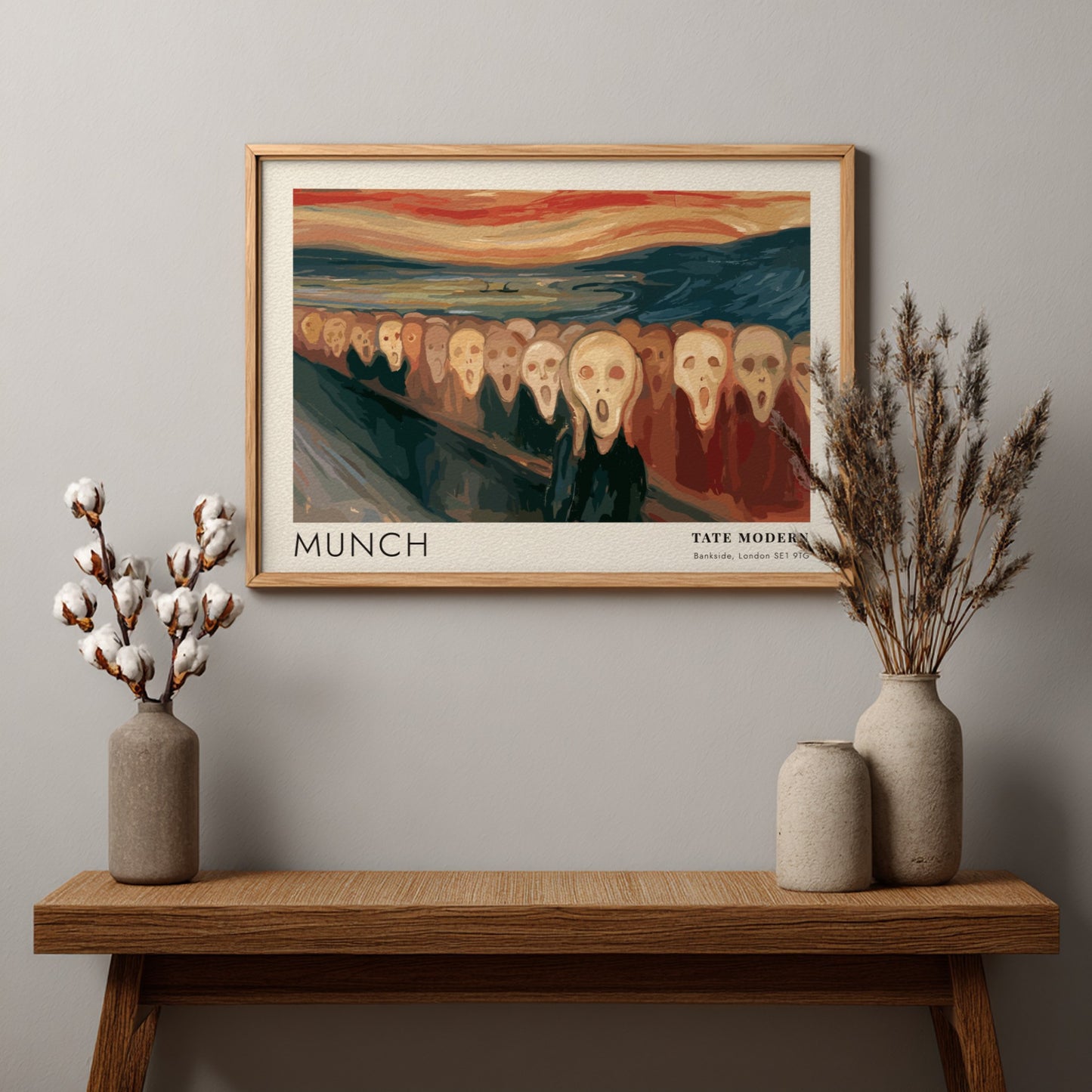 Exhibition poster featuring a crowd of screaming faces in the style of Munch