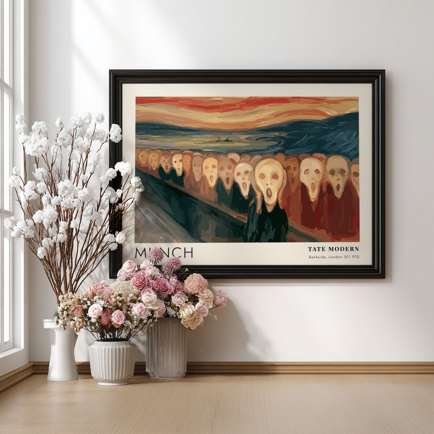 Exhibition poster featuring a crowd of screaming faces in the style of Munch