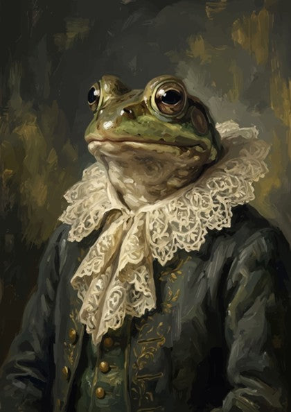 Poster of a frog wearing a lace ruff and dark doublet in oil painting style.