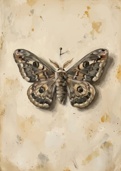 Poster of a detailed moth specimen pinned on a vintage cream parchment paper background