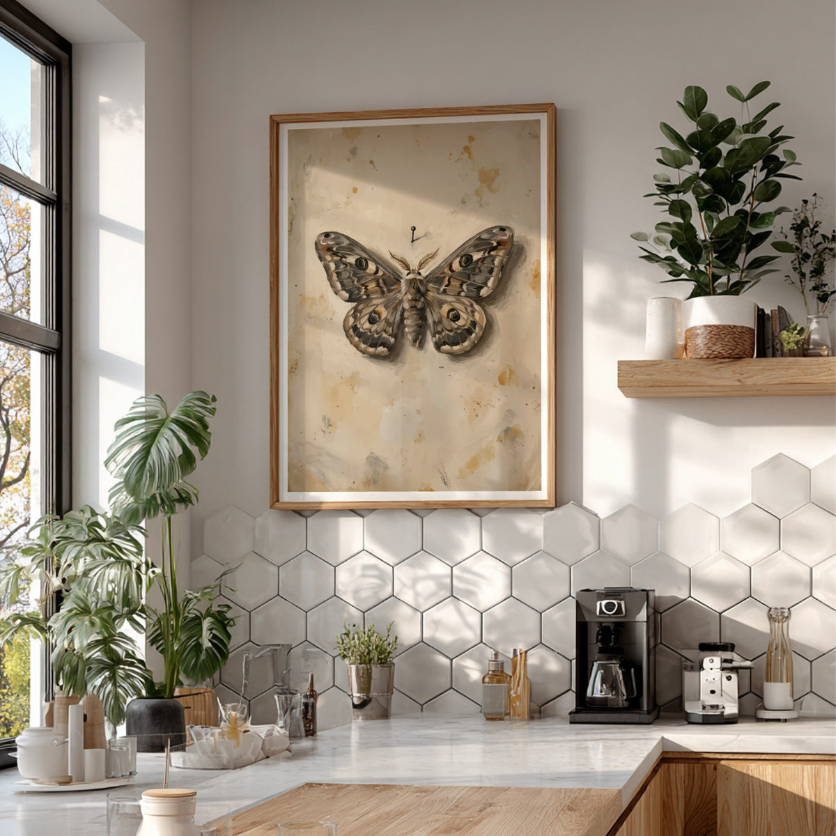 Poster of a detailed moth specimen pinned on a vintage cream parchment paper background
