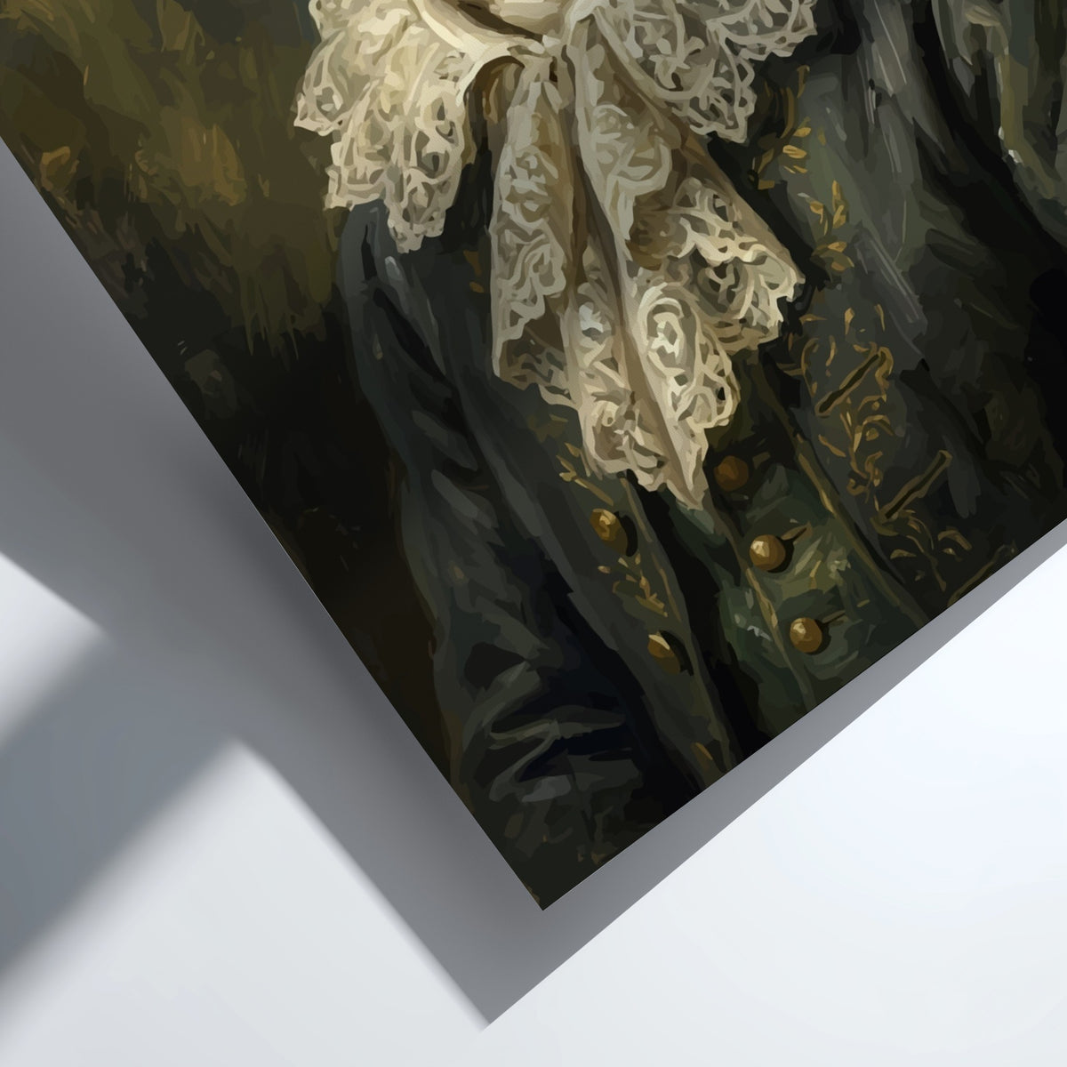 Poster of a frog wearing a lace ruff and dark doublet in oil painting style.