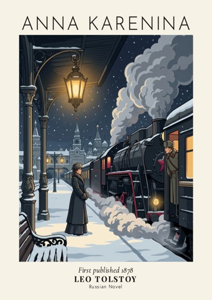 Anna Karenina literary poster showing a woman on a snowy train station platform tonight