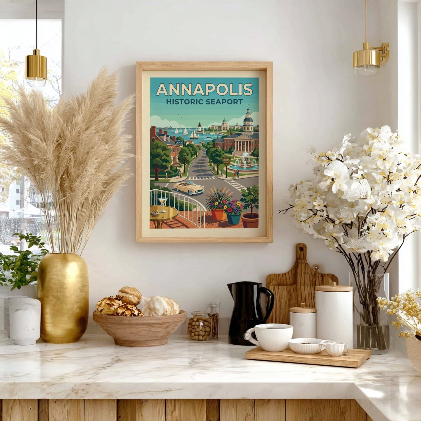 Annapolis historic seaport travel poster with vintage car, sailboats, and lighthouse in a retro style.