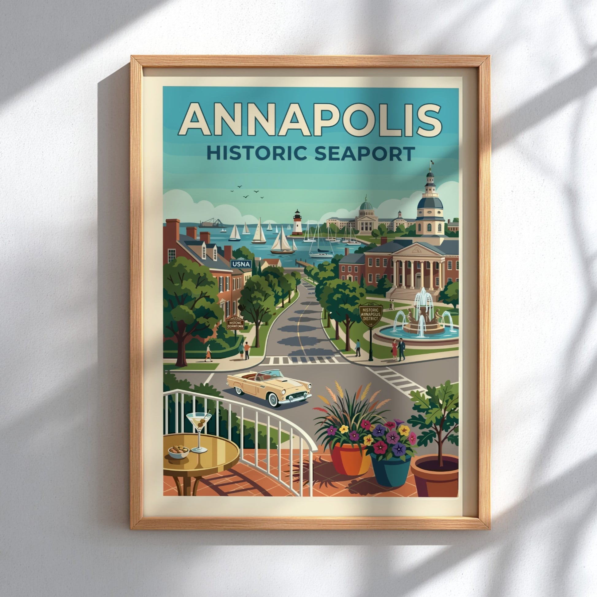 Annapolis historic seaport travel poster with vintage car, sailboats, and lighthouse in a retro style.