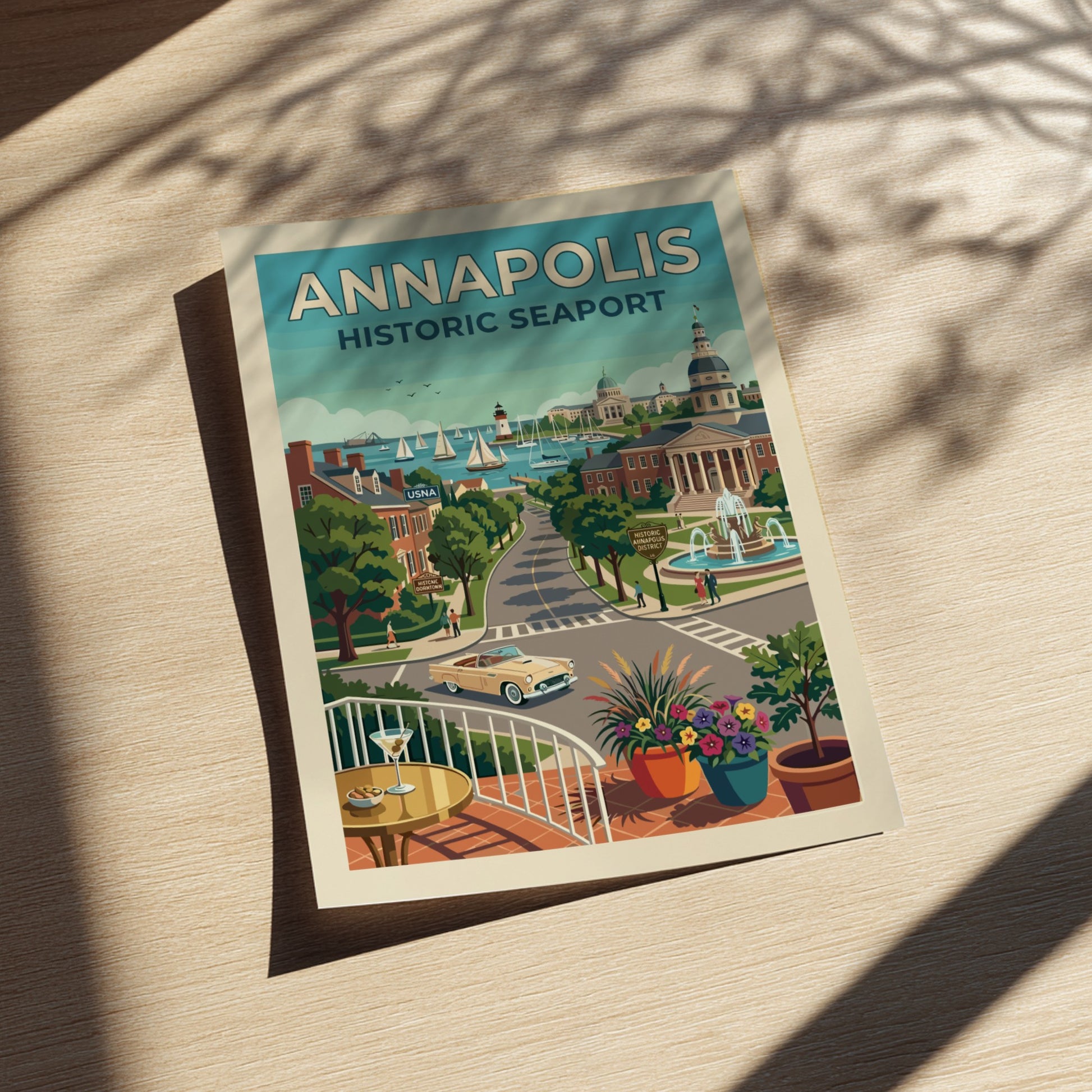 Annapolis historic seaport travel poster with vintage car, sailboats, and lighthouse in a retro style.