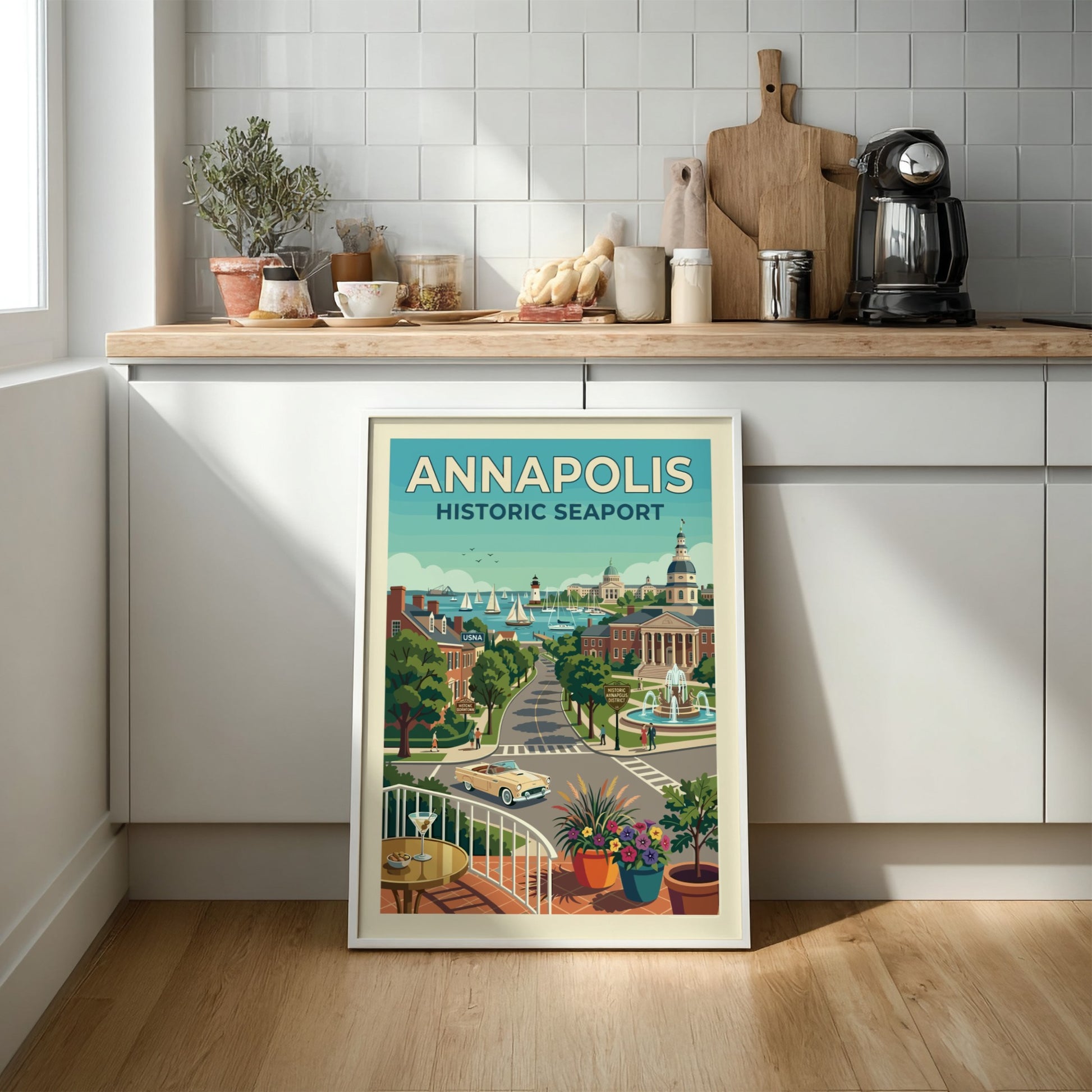 Annapolis historic seaport travel poster with vintage car, sailboats, and lighthouse in a retro style.