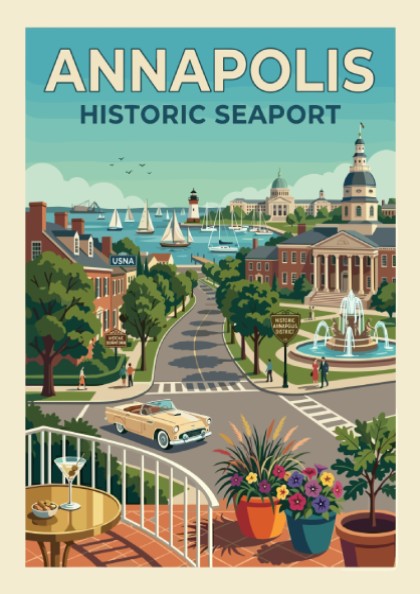 Annapolis historic seaport travel poster with vintage car, sailboats, and lighthouse in a retro style.