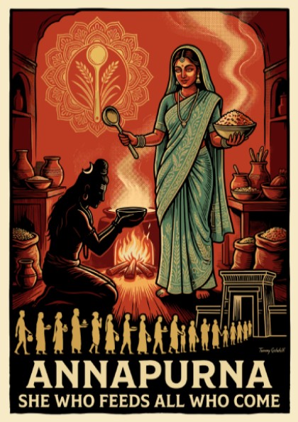 Poster featuring Goddess Annapurna in warm orange tones offering food to a devotee.