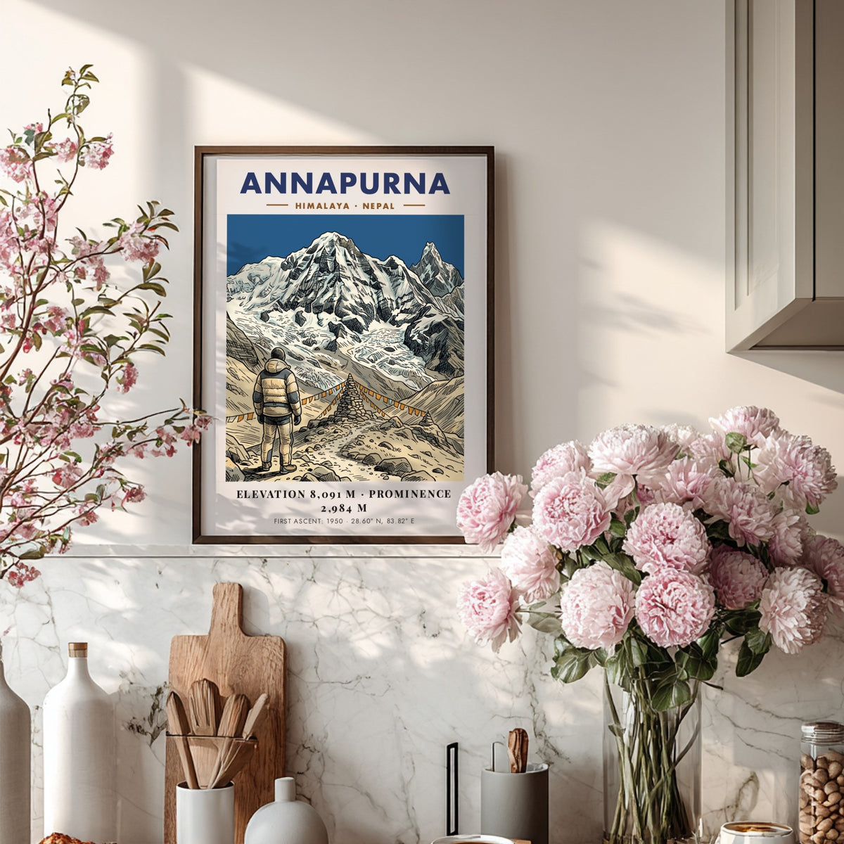Annapurna mountain poster featuring a climber standing before prayer flags and snowy peaks.