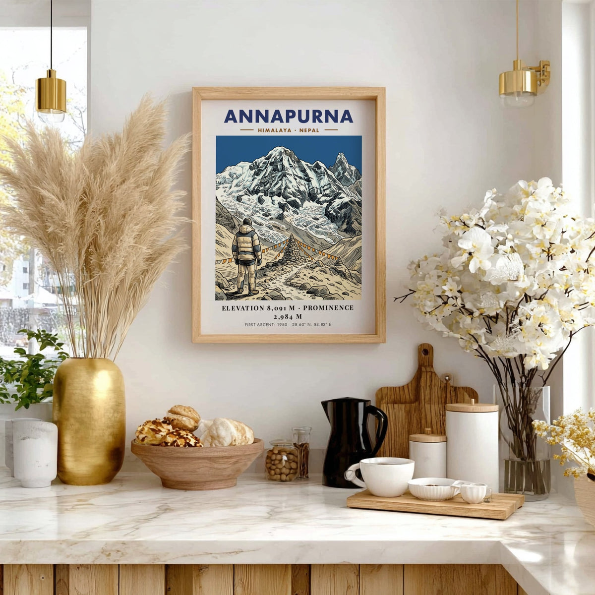 Annapurna mountain poster featuring a climber standing before prayer flags and snowy peaks.