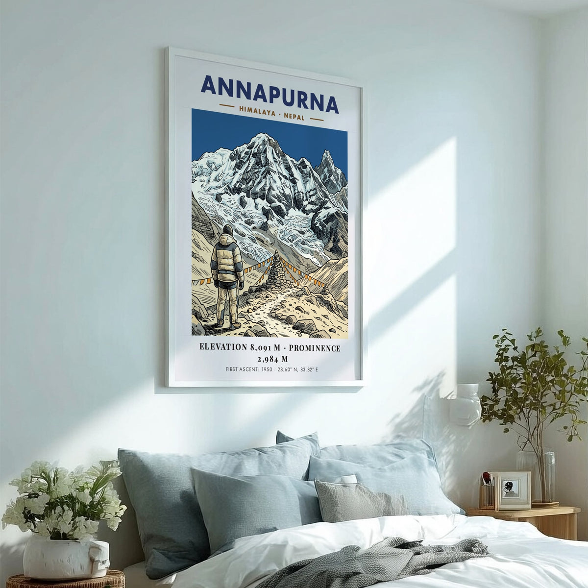 Annapurna mountain poster featuring a climber standing before prayer flags and snowy peaks.