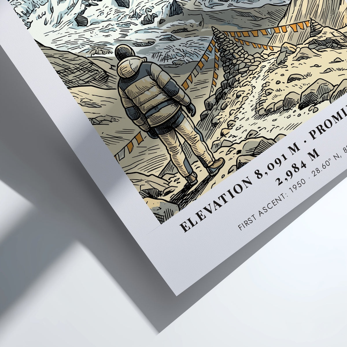 Annapurna mountain poster featuring a climber standing before prayer flags and snowy peaks.