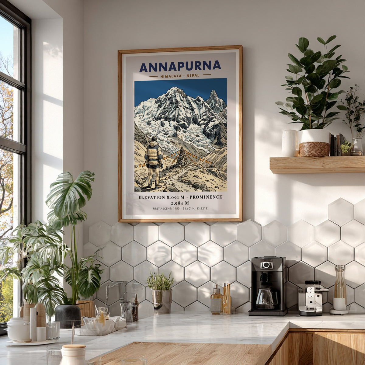 Annapurna mountain poster featuring a climber standing before prayer flags and snowy peaks.