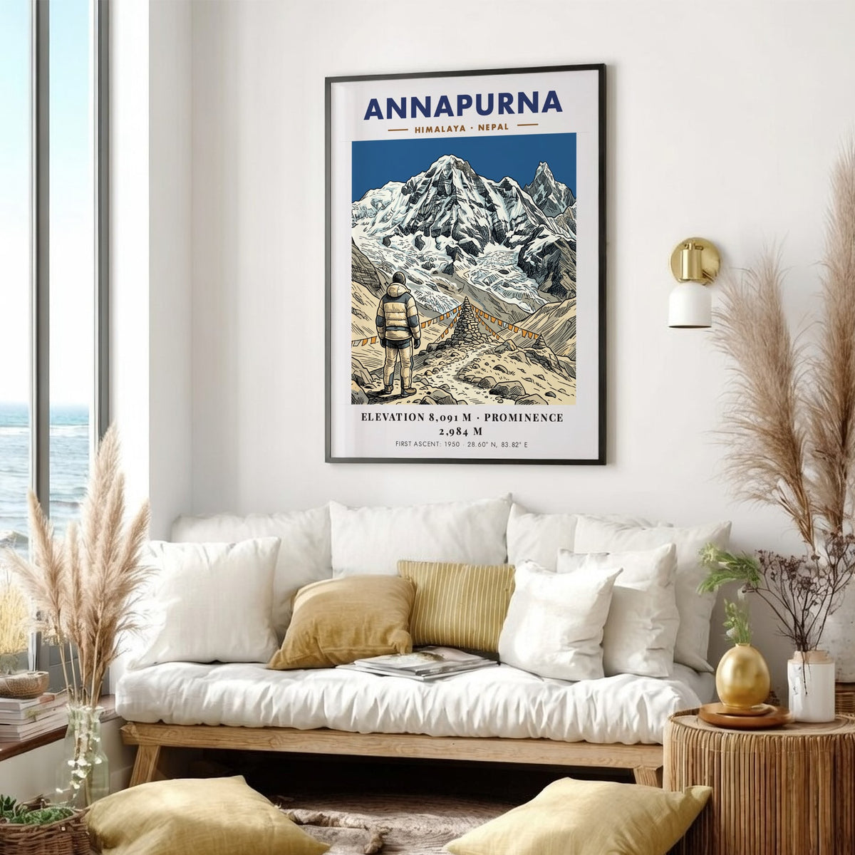 Annapurna mountain poster featuring a climber standing before prayer flags and snowy peaks.