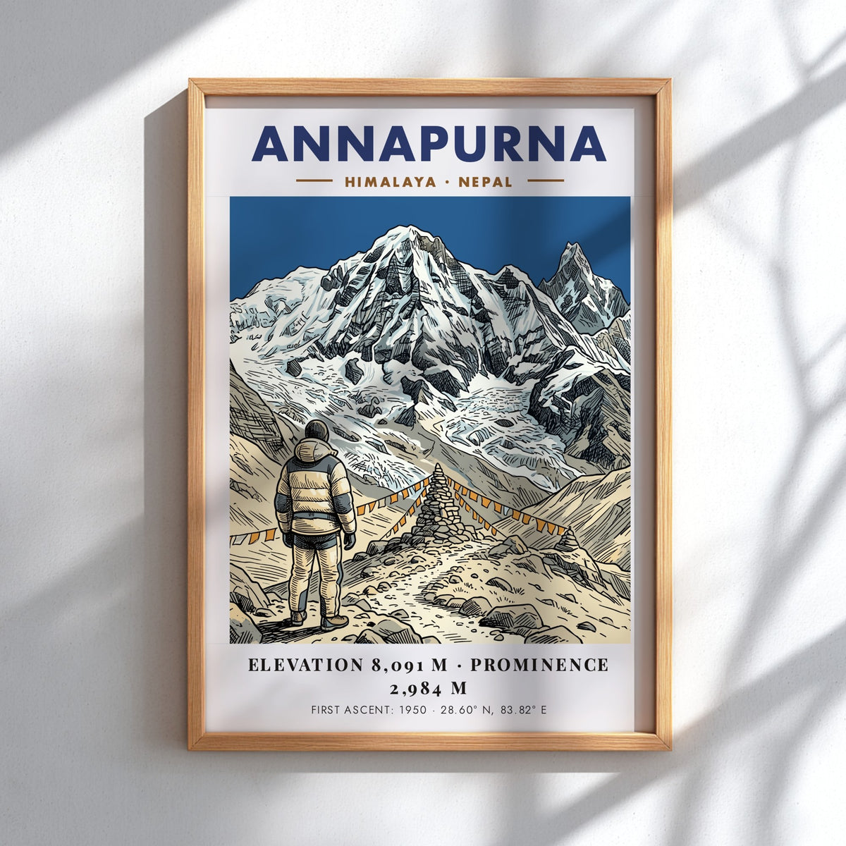 Annapurna mountain poster featuring a climber standing before prayer flags and snowy peaks.