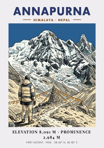 Annapurna mountain poster featuring a climber standing before prayer flags and snowy peaks.