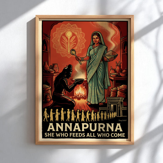 Poster featuring Goddess Annapurna in warm orange tones offering food to a devotee.