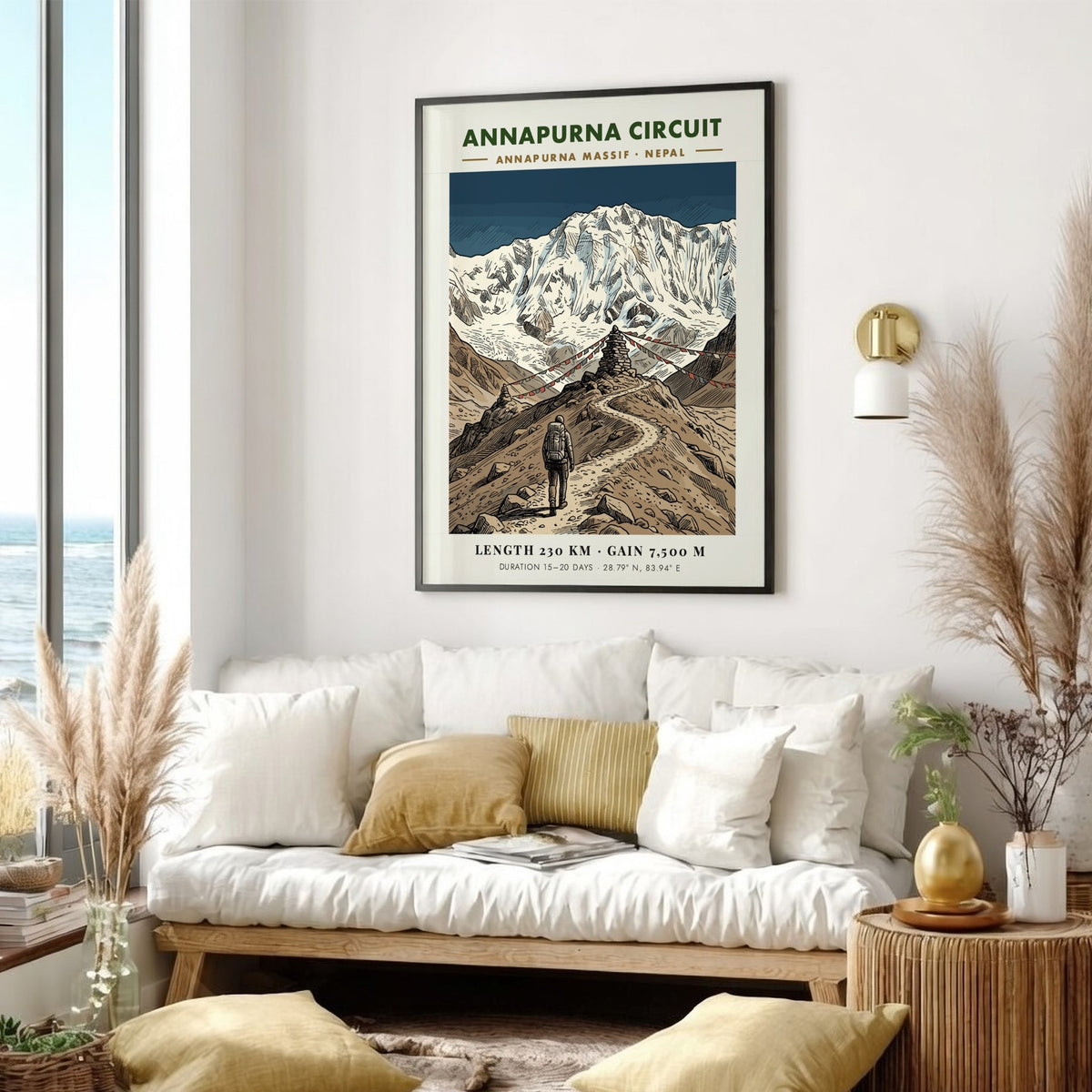 Poster of a hiker on the Annapurna Circuit path leading to snowy mountains