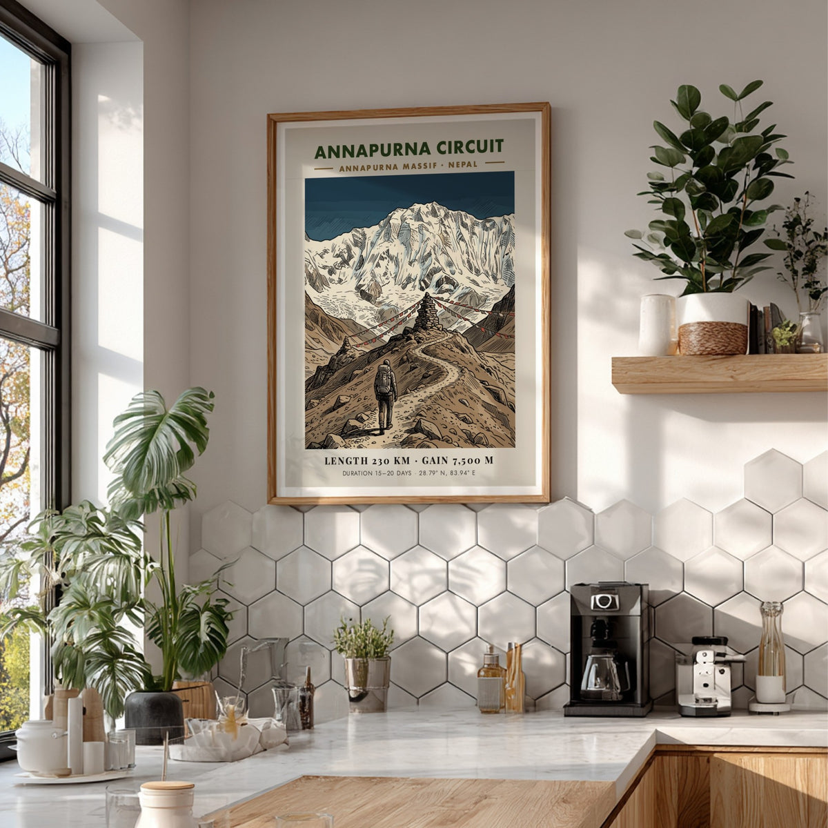 Poster of a hiker on the Annapurna Circuit path leading to snowy mountains